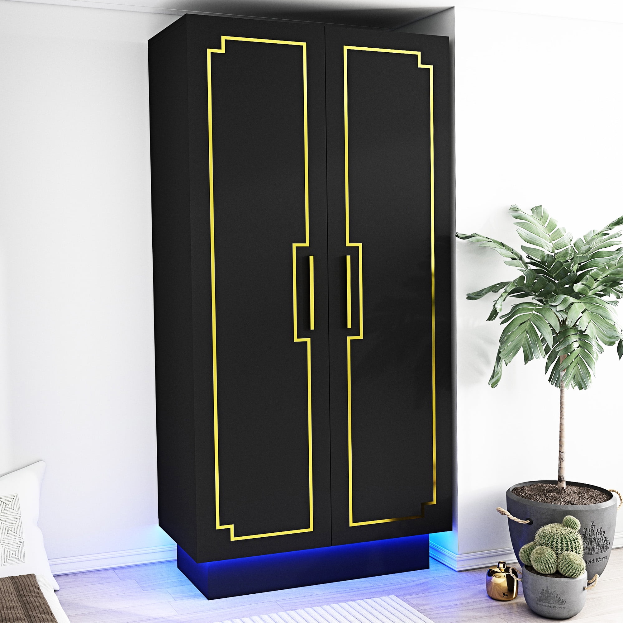  Hitow Wardrobe Armoire Closet with Glass Doors & LED Light  Strips, Wooden Large Display Cabinet with 5 Tiers Shelf & Hanging Rod,  Modern Bedroom Armoire Clothes Organizer, Black 47.2 W 