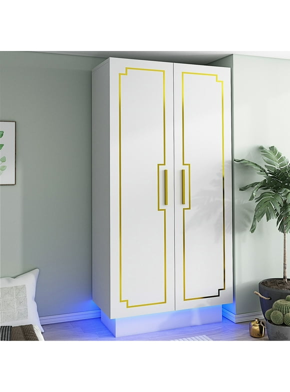 2 Doors Wardrobe Armoire with LED Light, 70" Large Wood Closet Storage Cabinet with Hanging Rod/5-Tier Storage Shelves, White