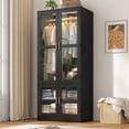 thumbnail image 1 of 2 Glass Doors Armoire Wardrobe Closet with 2 Storage Cabinets & LED Sensor Light, 71" H Wooden Clothes Closet Wardrobe with Hanging Rod for Bedroom, 1 of 8