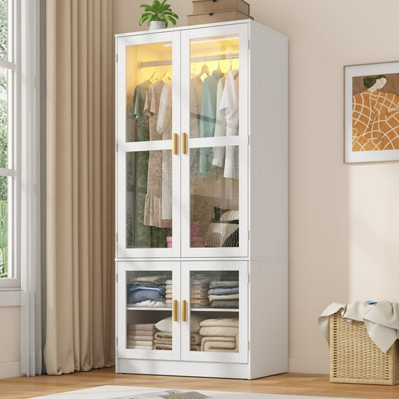 2 Glass Doors Armoire Wardrobe Closet with 2 Storage Cabinets & LED Sensor Light, 71" H Wooden Clothes Closet Wardrobe with Hanging Rod for Bedroom