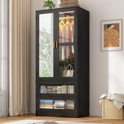 2 Doors Armoire Wardrobe Closet for Bedroom, with Mirror & 2 Drawers & LED Sensor Light, 71" H Wardrobe Closet Cabinet with Hanging Rod, Glass Doors