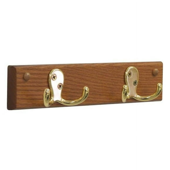 2 Double Prong Brass Hook Rail & Coat Rack - Medium Oak - 10 x 225 x 175 in.