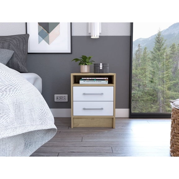 2-Drawer 1-Shelf Rectangular Bedroom Night Accessory | Store Items & Decorate Bedroom | Light Oak & White Look | Deal with Space Chaos