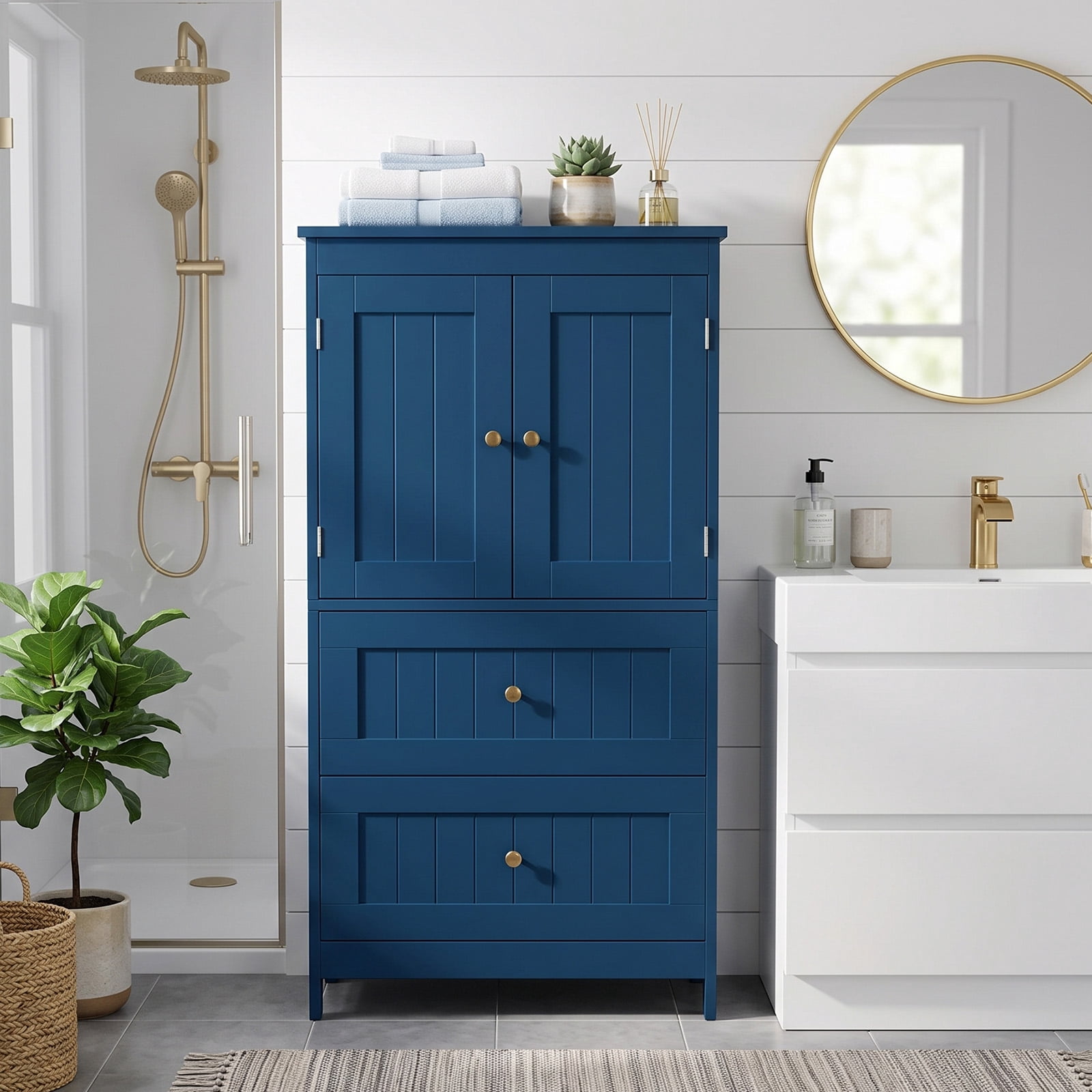 2-Drawer 2-Cabinet-Door Vertical-Grain MDF Painted Bathroom Cabinet 23.62x11.81x43.31in Blue