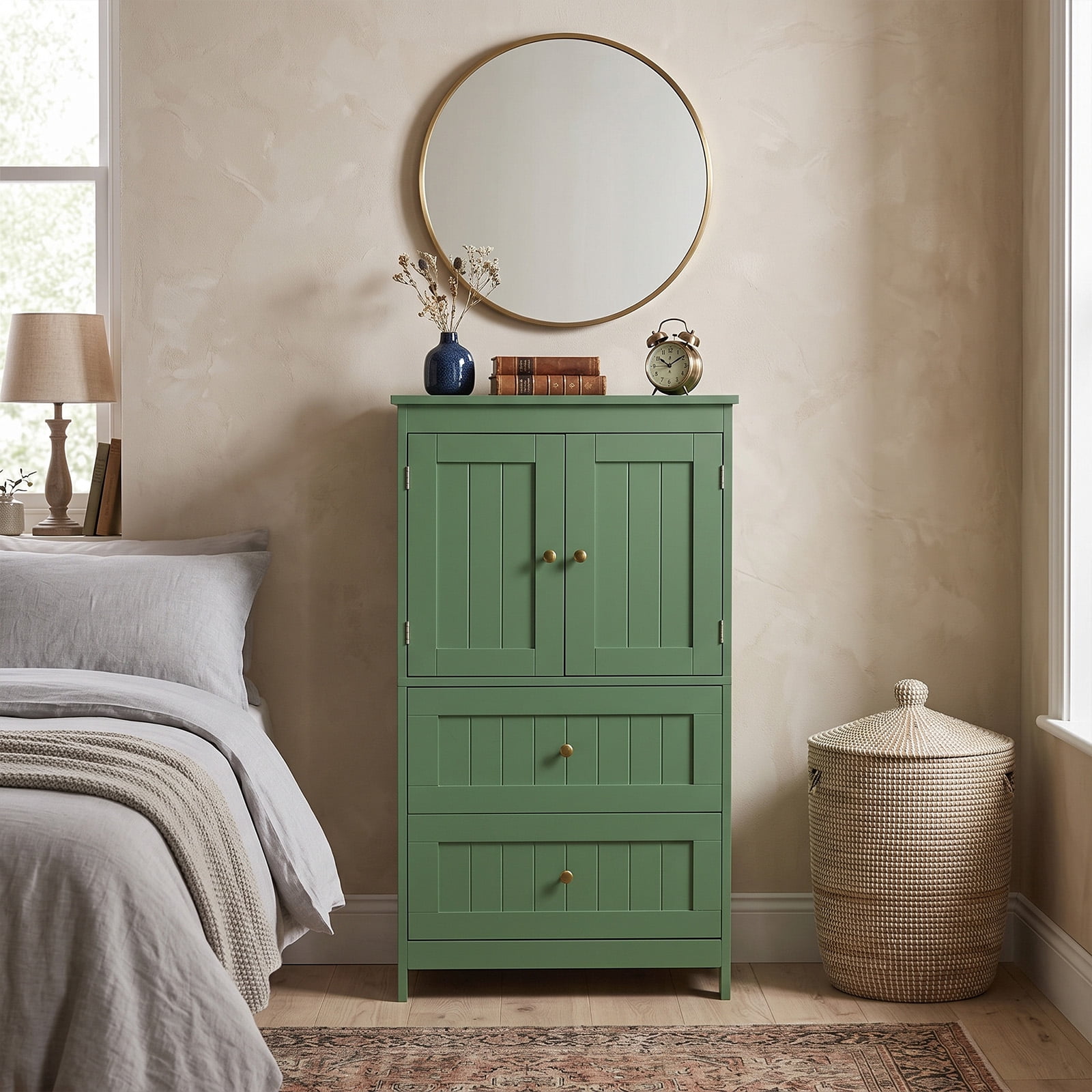 2-Drawer 2-Cabinet-Door Vertical-Grain MDF Painted Bathroom Cabinet 23.62x11.81x43.31in Green