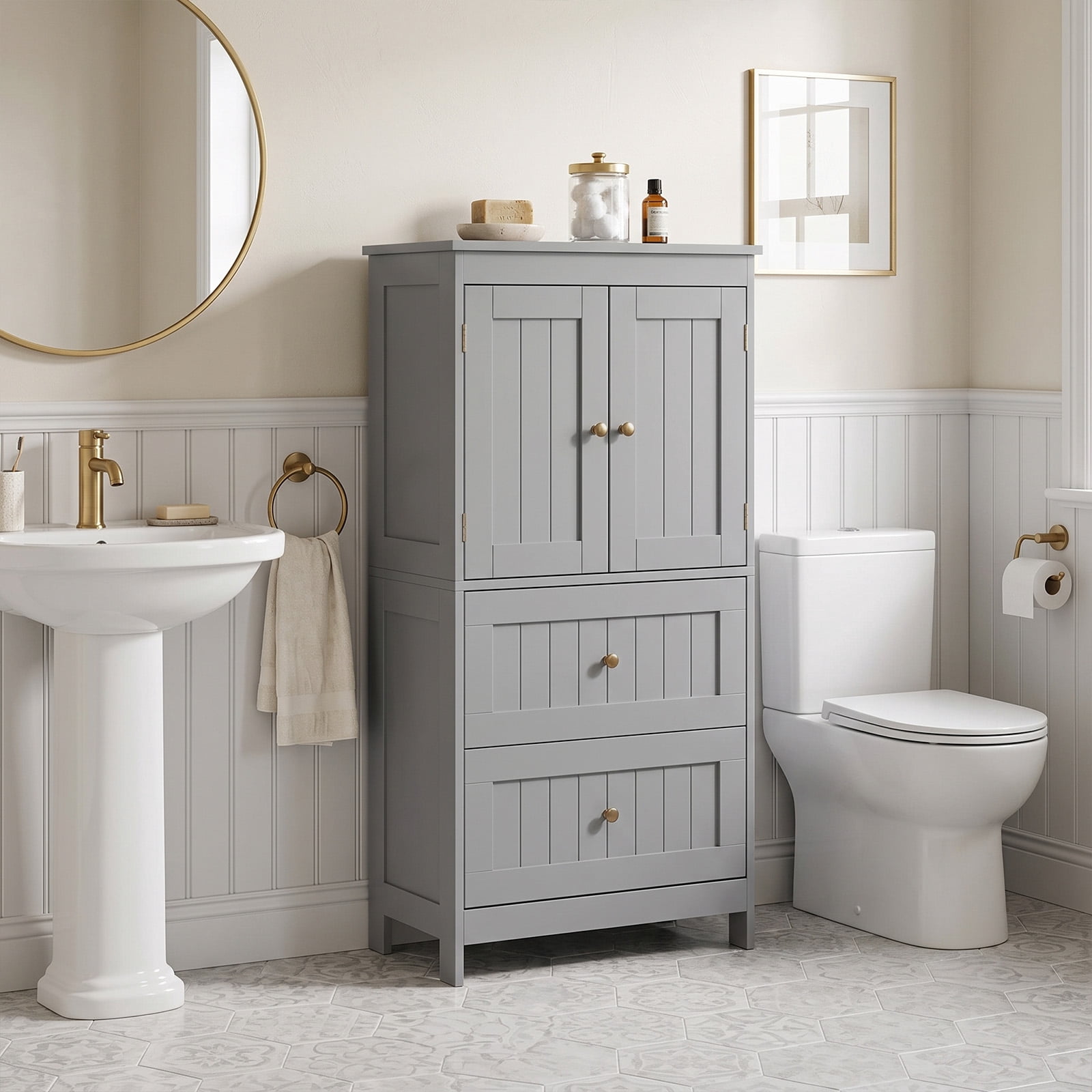 2-Drawer 2-Door Vertical Bathroom Cabinet, Grey, 23.62 x 11.81 x 43.31 in