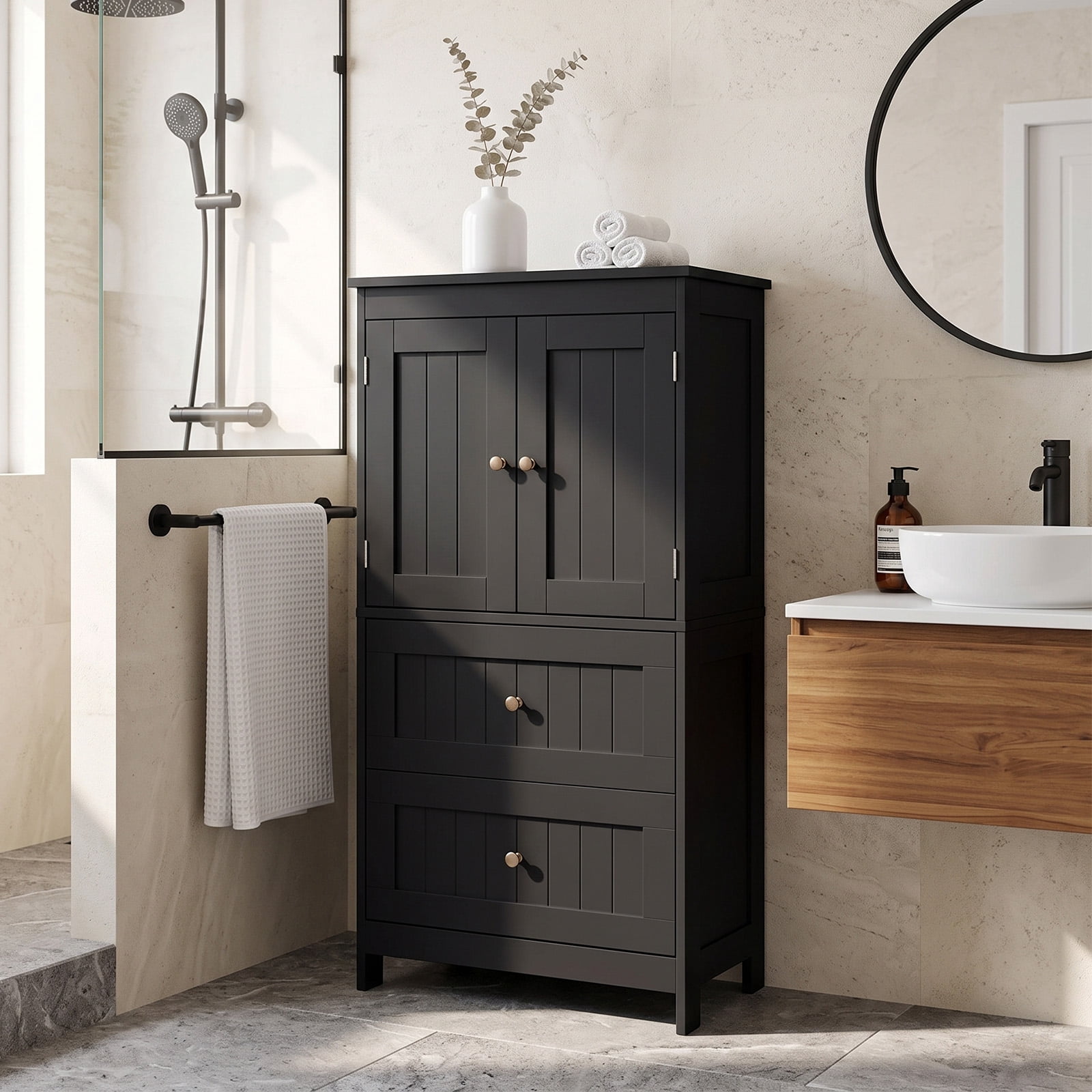 2-Drawer 2-Door Vertical MDF Bathroom Cabinet, Black, 23.62 x 11.81 x 43.31 in