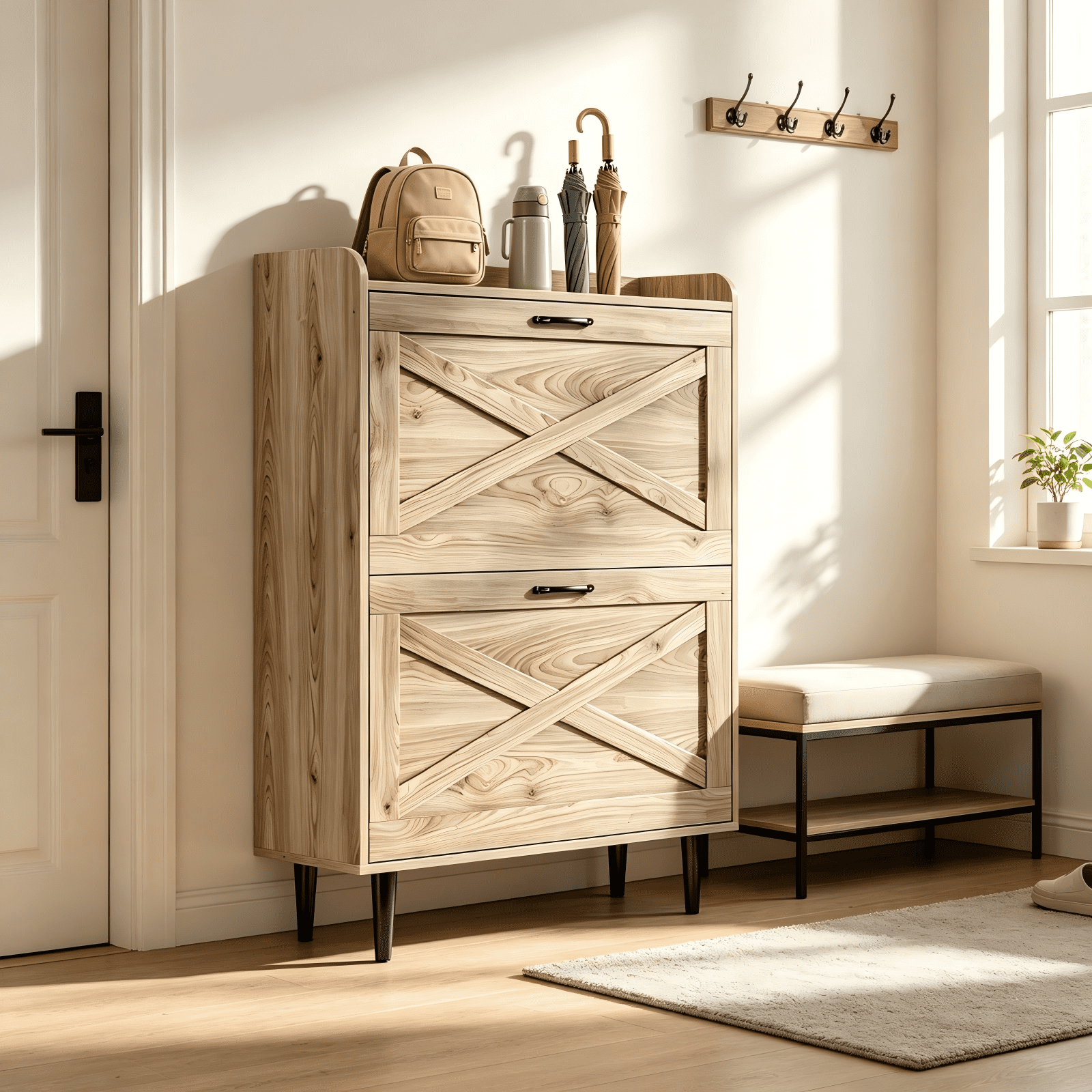 2-Drawer Barn Door Shoe Cabinet with Side Panel Countertop Melamine Board Embossed MDF Shoe Cabinet, 31.61*9.45*39.37in, Grey Oak
