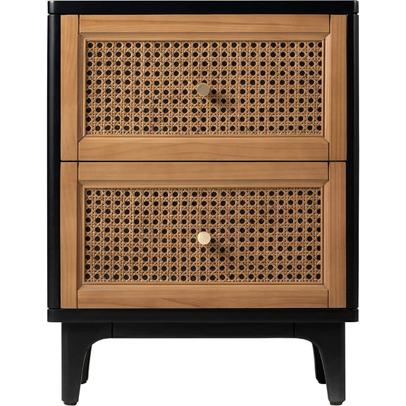2 Drawer Bedroom Nightstand, Boho Farmhouse Bedside Table - Accent Table Stand with Drawer Organizer Storage and Weave Pattern Front, Black