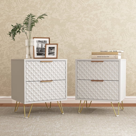 Resenkos 2 Drawer Bedroom Nightstand Set of 2 with Gold Metal Handle and Legs, White Bedside Table