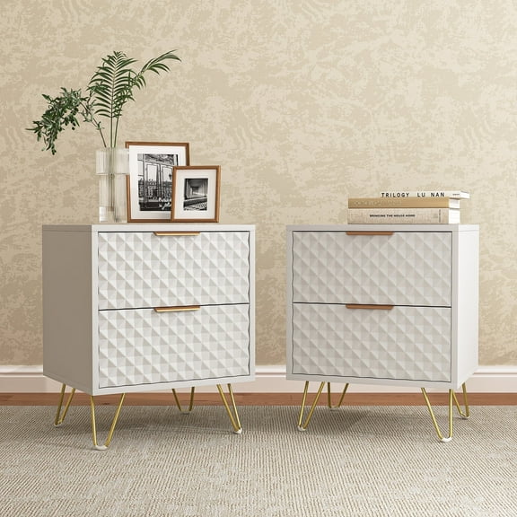 Resenkos 2 Drawer Bedroom Nightstand Set of 2 with Gold Metal Handle and Legs, White Bedside Table