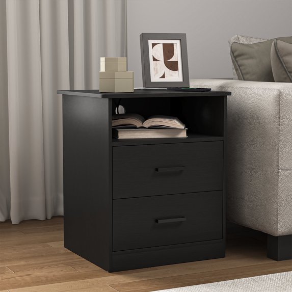 2 Drawer Bedroom Nightstand with Open Shelves, Black Bedside Table