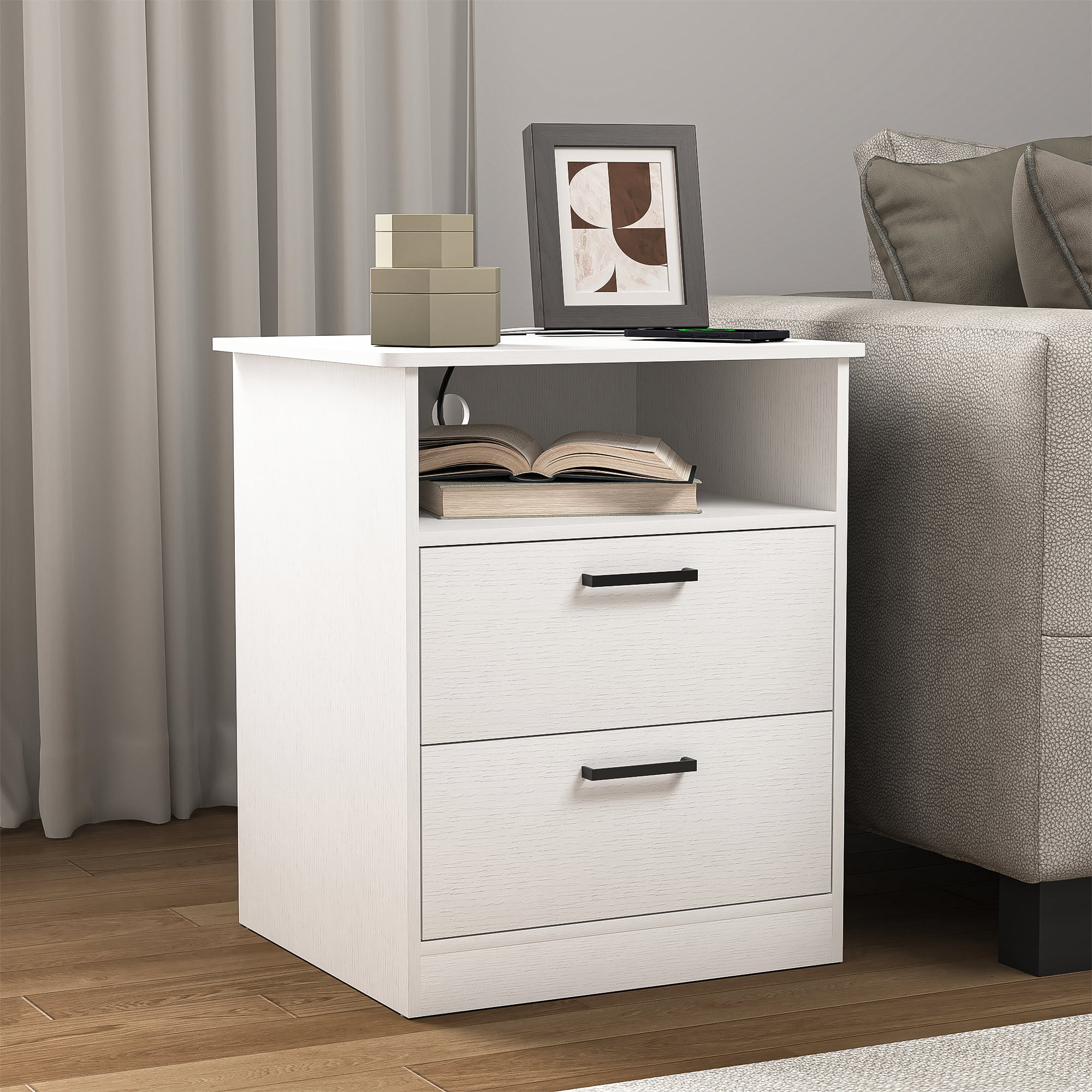 2 Drawer Bedroom Nightstand with Open Shelves, White Bedside Table 2 Drawer Bedroom Nightstand with Open Shelves, White Bedside Table