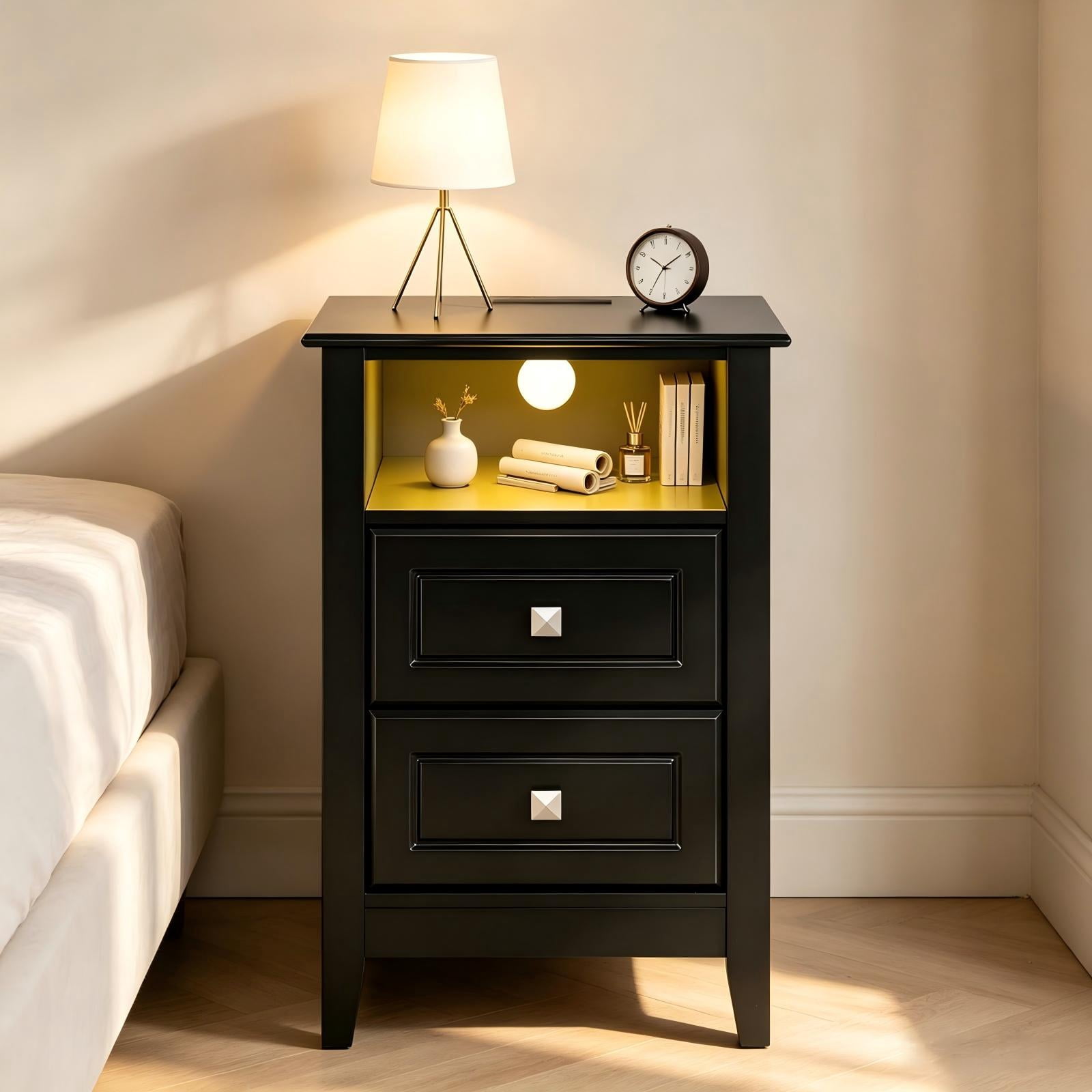 2-Drawer Bedside Table with Shelves, MDF, Black, 15.75 x 13.78 x 23.62 in
