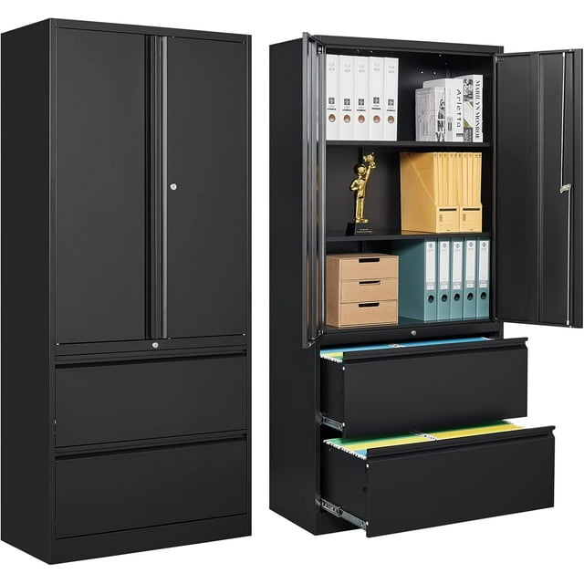 2 Drawer Black File with Lock, Metal Storage with