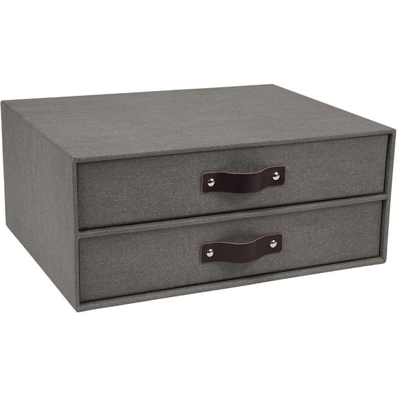 2-Drawer Canvas Fiberboard Easy Pull Handle Document Letter Box | Desktop Drawers for Loose Papers and Documents | Desktop Storage Drawers with Leather Handles | 13.1” x 10” x 5.7” | Grey