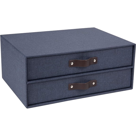 2-Drawer Canvas Fiberboard Easy Pull Handle Document Letter Box | Desktop Drawers for Loose Papers and Documents | Desktop Storage Drawers with Leather Handles | 13.1” x 10” x 5.7” | Blue