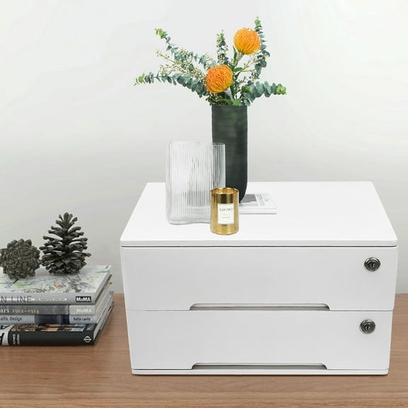 2-Drawer Compact Desk Organizer 2 Tiers Wood Desktop Storage Cabinet Table Lockable Home White Countertop Office Cabinet with 4 Keys