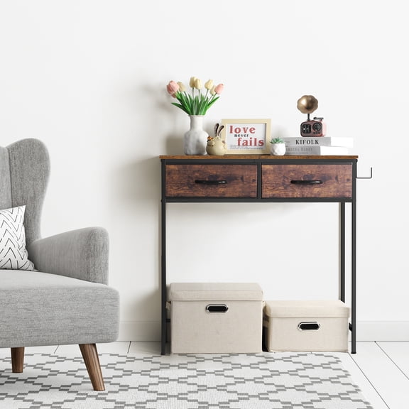 2-Drawer Console Table with Metal Hook - Rustic Wood & Black Metal Entryway Desk, Small Side Table for Hallway, Living Room, or Home Office