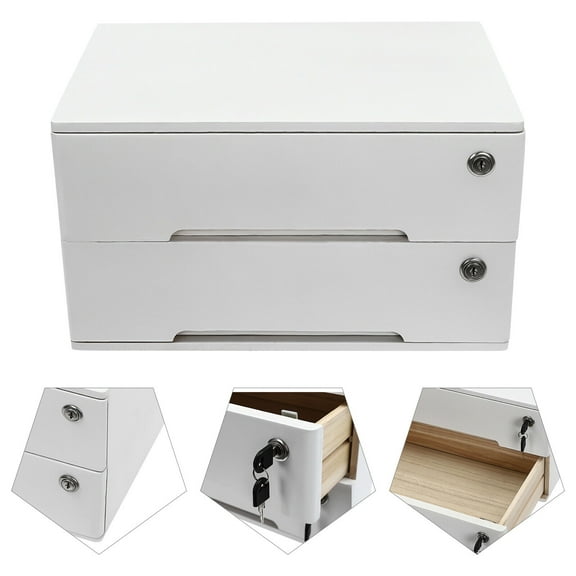 2-Drawer Desk Organizer Wood Desktop Storage Cabinet Table Lockable Organizer Case with 4* Keys
