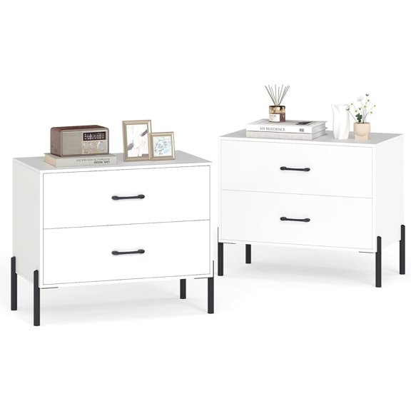 2-Drawer Dresser Set of 2, Modern Wooden Nightstand with Metal & Handles, Anti-Tipping Kits, Compact Side Table, Small Dresser Chest of 2 Drawers for Closet, Bedroom, Sofa Side, Dorm (2)