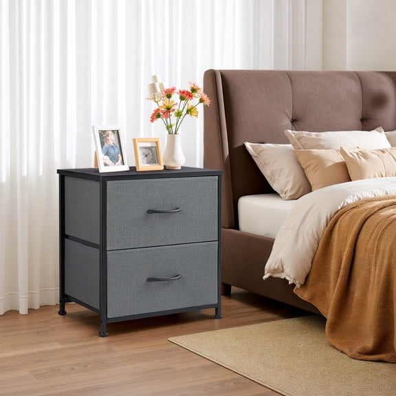 2-Drawer Fabric Nightstand Dresser, Modern Bedside End Table & Small Space Organizer, Wooden Top, Gray