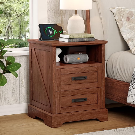 2 Drawer Farmhouse Nightstand with Open Cubby, Brown | 18 inch Wide Bedroom Bedside Table with Charging Station, End Table with Storage for Living Room, Wooden Pedestal