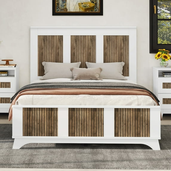 2-Drawer Farmhouse Wooden Nightstand with Wooden Strip Stickers Decoration and Metal Handle, Wood Side Table with Storage Cabinet for Bedroom, White