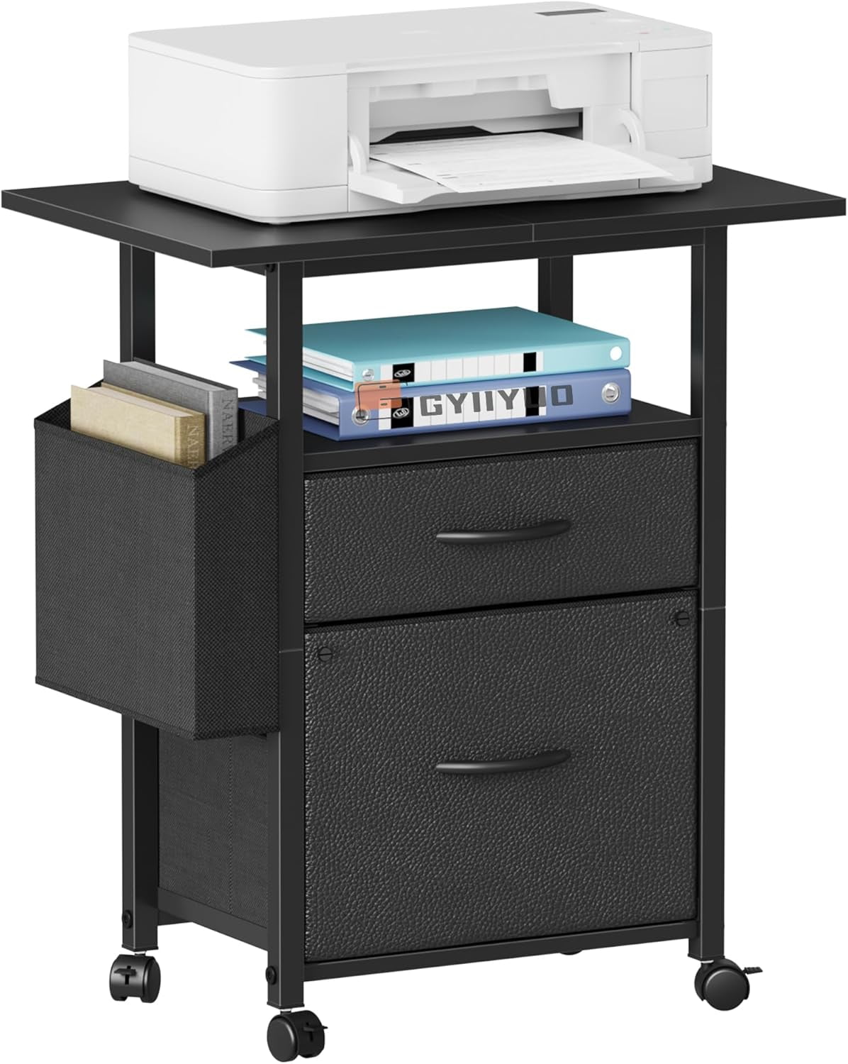 2 Drawer File Cabinet with 24'' Extended Desktop, Mobile Filing Cabinet, Rolling File Cabinet with Side Bag, Fabric Drawer, Fits A4/Letter Size, Printer Stand Home Office, Black