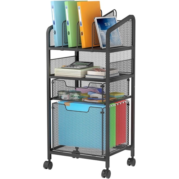 2 Drawer File Cabinet with Adjustable Dividers, 4-Tier Mobile Vertical Filing Cabinet on Lockable Wheels, Hanging File Organizer Cart for Letter-Size,Rolling Utility Cart for Home Office