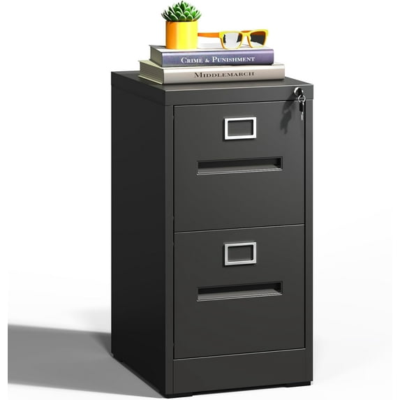 2 Drawer File Cabinet, Black Metal File Cabinets with Lock, Vertical File Cabinet for Home Office, Heavy Duty Metal Storage Cabinet for A4/Letter/Legal Size File, Assembly Required(Black