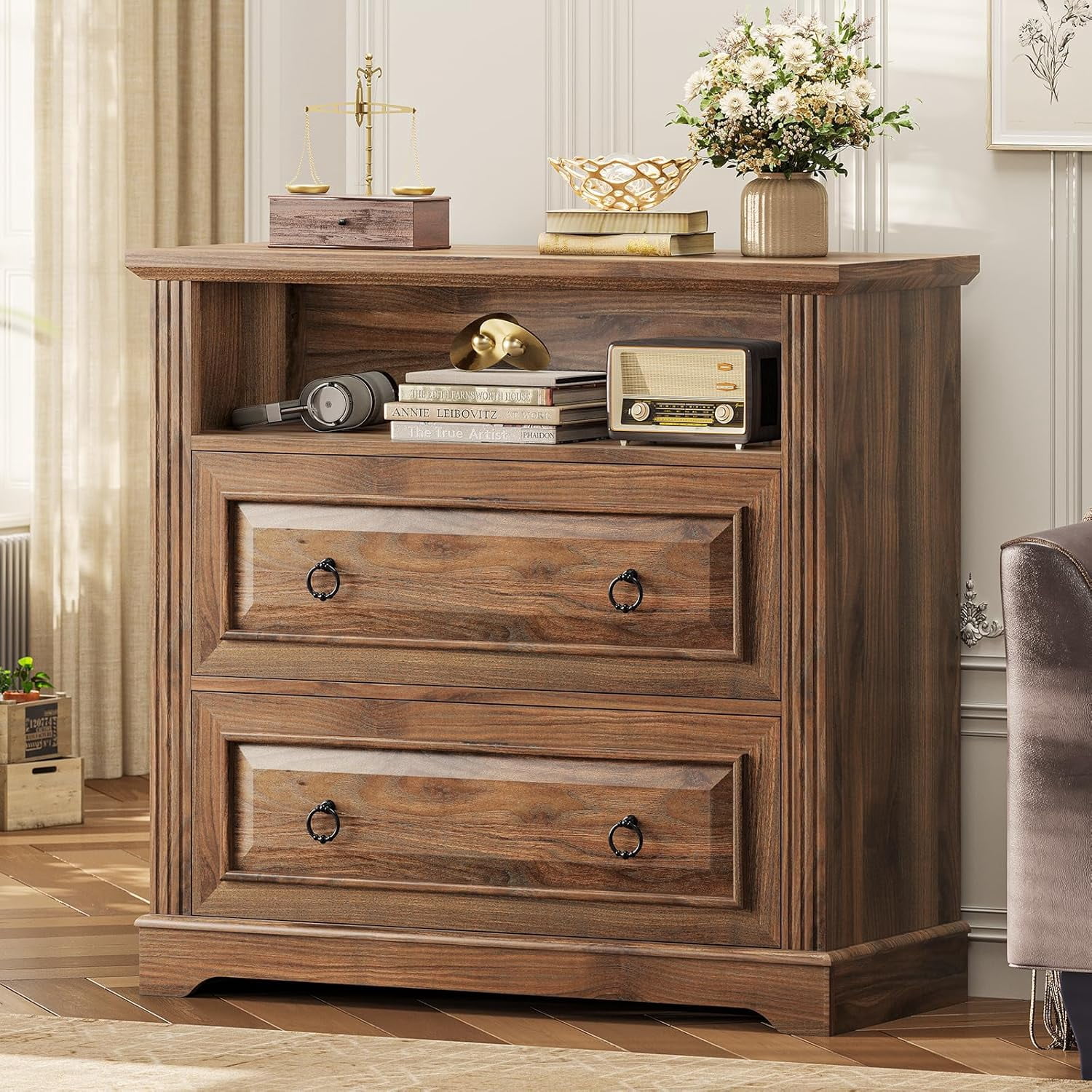 2 Drawer File Cabinet, Farmhouse Filing Cabinet for Home Office Fits Letter, Legal, A4 Size, Wood Lateral File Cabinet with Printer Stand, Storage Shelf, Brown