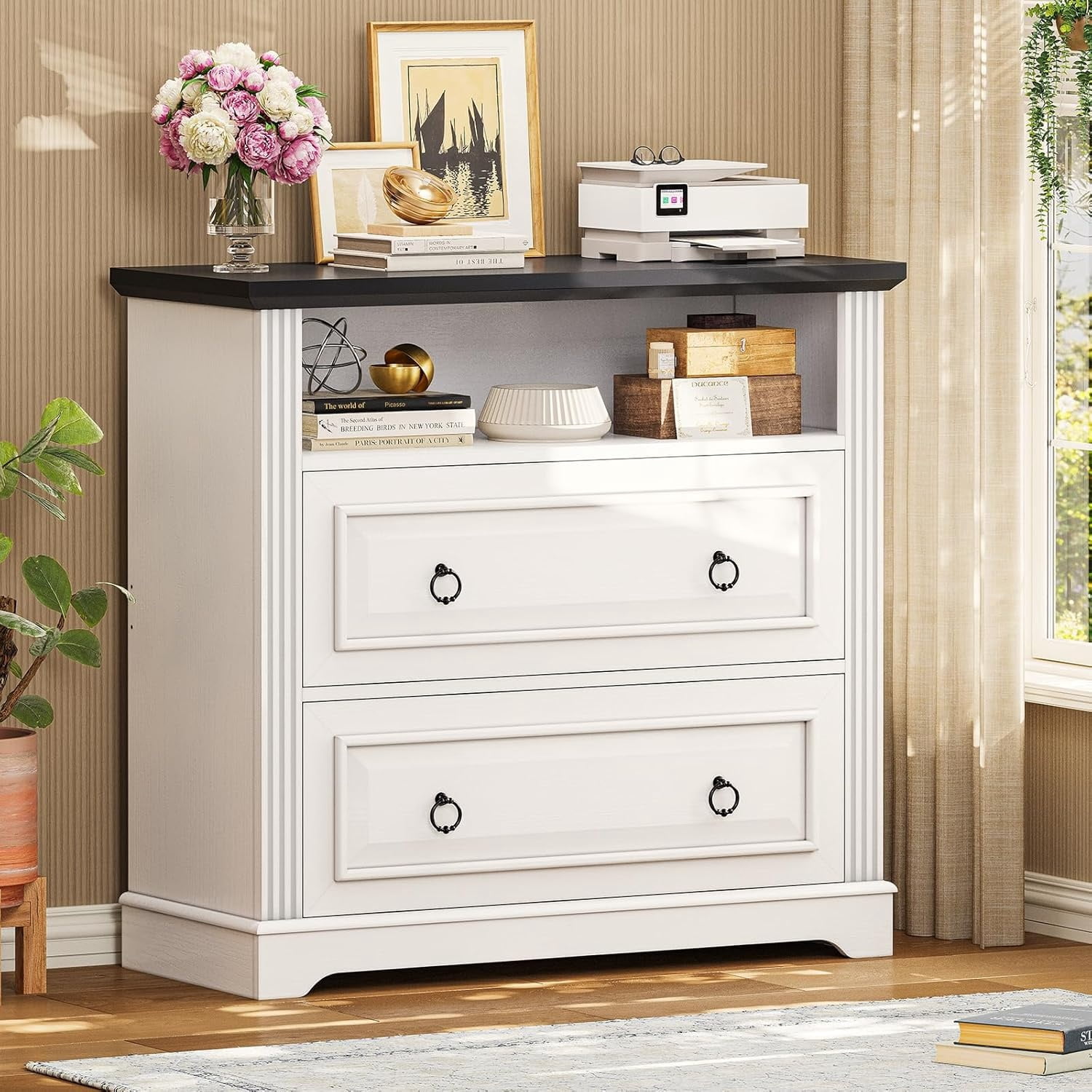 2 Drawer File Cabinet, Farmhouse Filing Cabinet for Home Office Fits Letter, Legal, A4 Size, Wood Lateral File Cabinet with Printer Stand, Storage Shelf, White