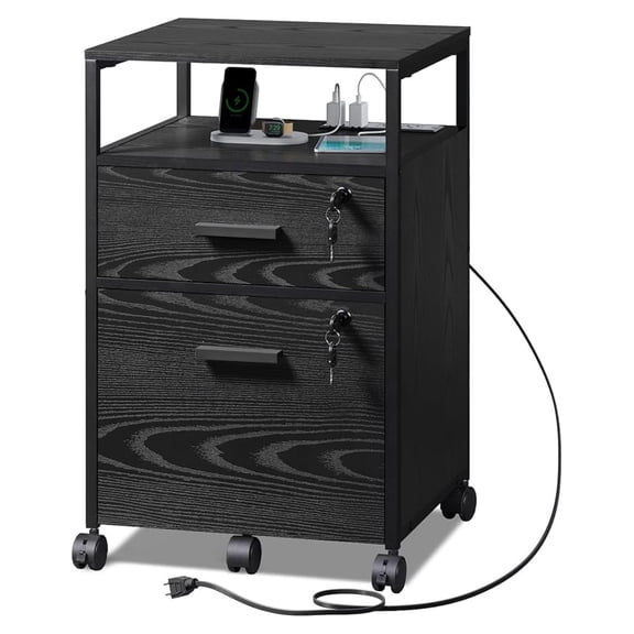 2 Drawer File Cabinet with Lock and Charging Station, Wood Filing Cabinet fits A4 or Letter Size, Mobile Printer Stand with Open for Home Office, Black