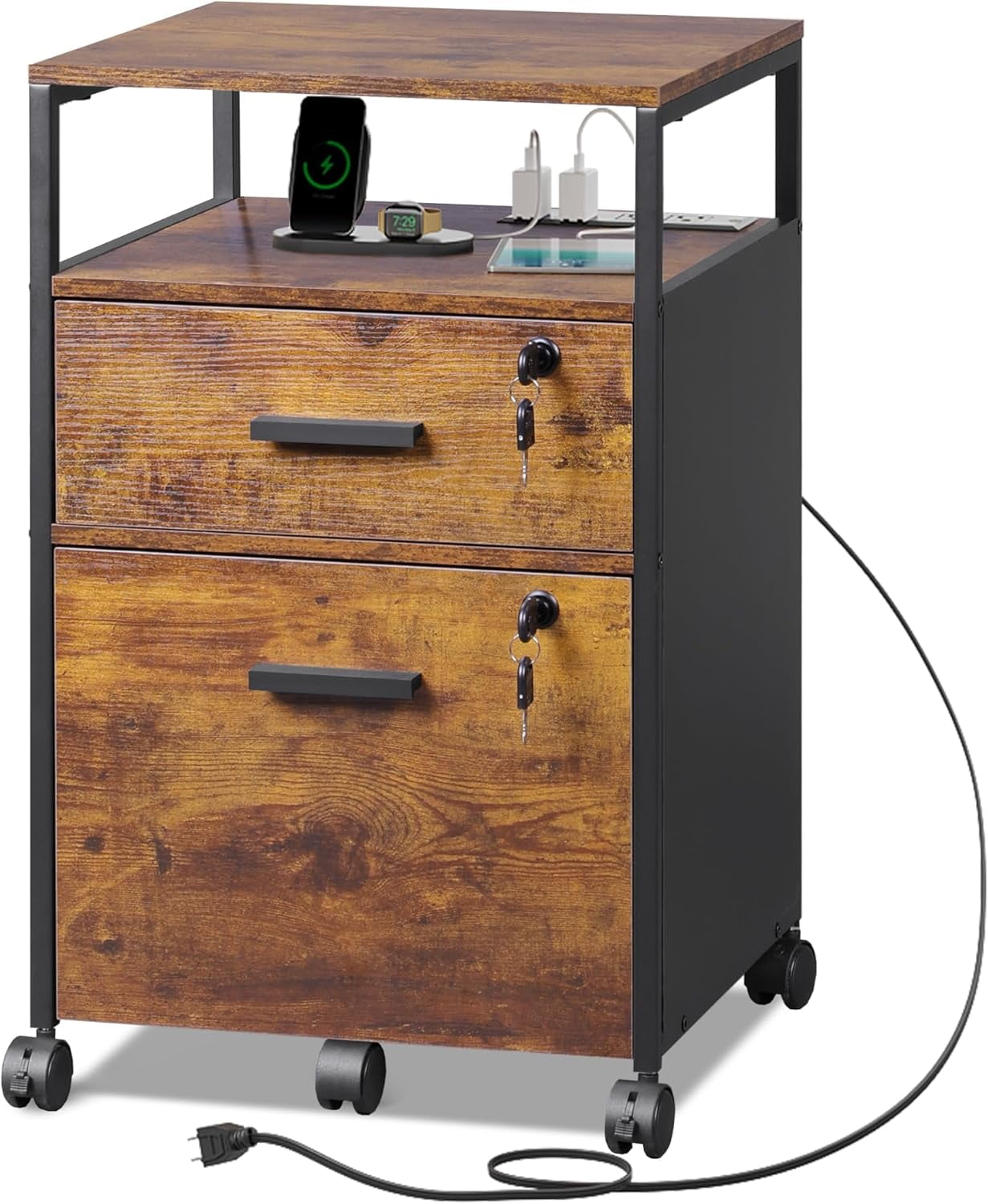 2 Drawer File Cabinet with Lock and Charging Station, Wood Filing Cabinet fits A4 or Letter Size, Mobile Printer Stand with Open Storage Shelf for Home Office, Rustic Brown