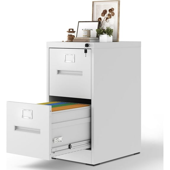 2 Drawer File Cabinet with Lock, Metal Filing Cabinets for Home Office, Vertical Narrow File Cabinet Lockable Steel Storage Cabinets for Letter/Legal/F4/A4 Size, Assembly Required(White)