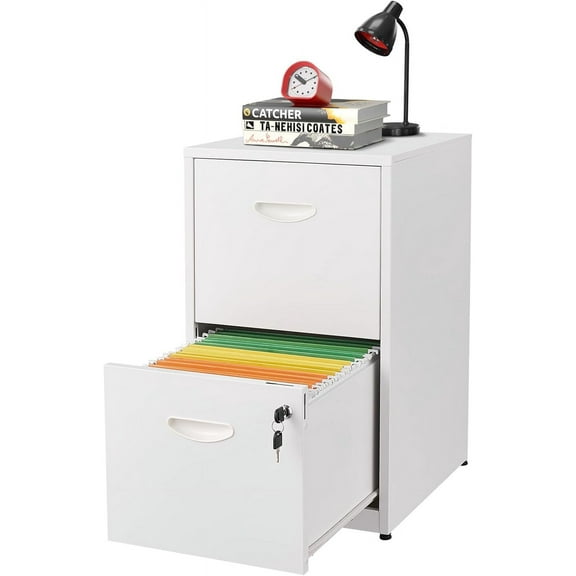 2 Drawer File Cabinet with Lock, Metal Two Drawer Vertical Filing Cabinets, 18" Deep White Filing Cabinet for Home Office, Steel Light Duty Storage for Letter-Size Files - Assemly Required