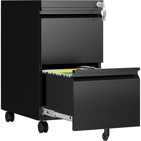 2 Drawer File Cabinet with Lock, Rolling File Cabinets for Home Office, Small Metal Filing Cabinet Office Drawers Under Desk for Letters/Legal/A4 Size, Assembly Required