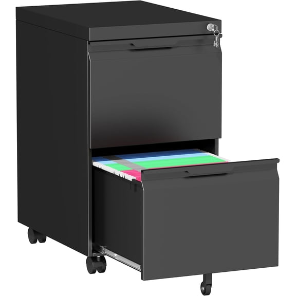 2 Drawer File Cabinet with Lock,Small Filing Cabinet for Home Office,Rolling Metal File Cabinets with Wheels for Letters/Legal/A4 Size, Assembly Required,Black
