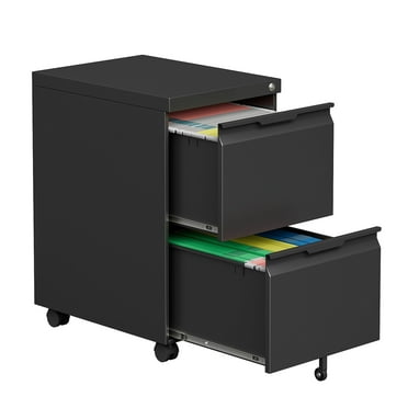 2 Drawer File Cabinet with Lock, Small Metal Filing Cabinets for Home Office, Rolling File Cabinet for Folders, Under Desk Cabinet on Wheels for Legal/Letter/A4 Files, Assembly Required (Black)