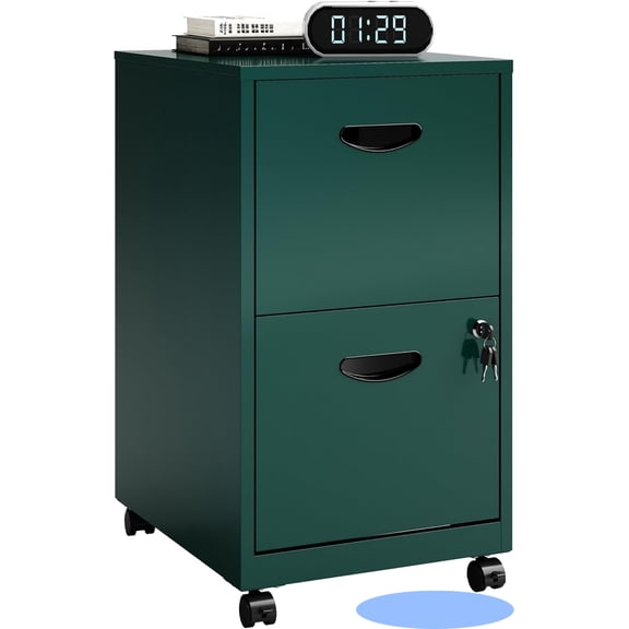 2 Drawer File Cabinet with Lock, Small Rolling Filing Cabinet for Home Office, Metal Mobile File Cabinets on Wheels, Blue Office Cabinets for Letter Size Folders