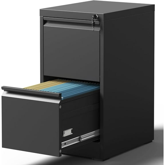2 Drawer File Cabinet with Lock, Steel Vertical Filing Cabinets for Home Office, Small Metal Storage Cabinet for Hanging Legal/Letter Size Files, Assembly Required (Black)
