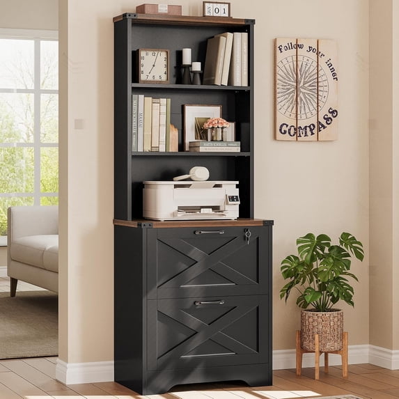 2 Drawer File Cabinet with Lock, Wood Filing Cabinet fits Letter, Legal, A4 Size, Hanging File Folders, Farmhouse File Cabinets for Home Office with Adjustable Storage Shelf, Black