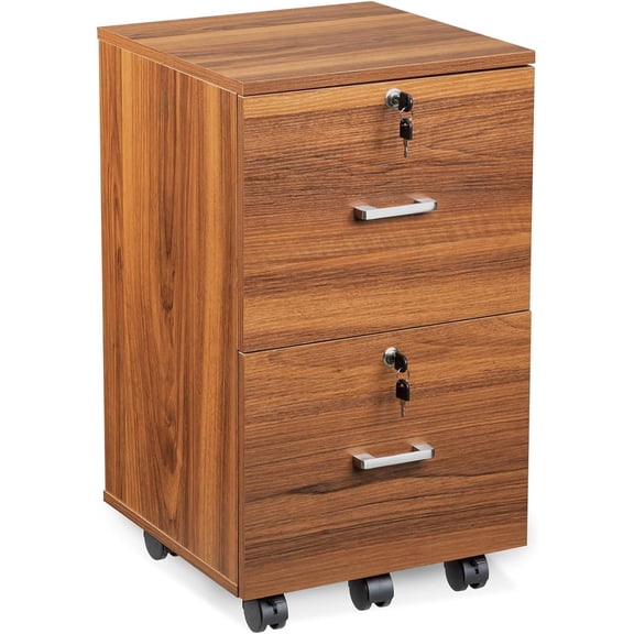 2 Drawer File Cabinet with Lock, Wood Grain Walnut File Cabinet for Letter Size File Folders with Tabs, Under Desk Rolling File Cabinets for Home Office, Mobile Filing Cabinet Printer Stand