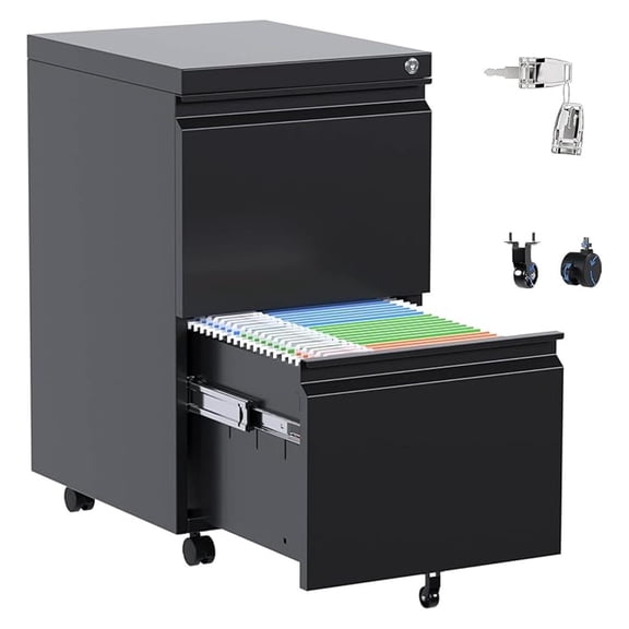 2 Drawer File Cabinet, Metal Filing Cabinet with Lock for Office Legal/Letter Size, Black, Fully Assembled Except Wheels