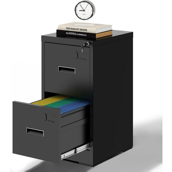 2 Drawer File Cabinet,Metal Filing Cabinets with Lock,Black Vertical File Cabinet for Home Office,Heavy Duty Metal Storage Cabinet for A4/Letter/Legal Size File,Assembly Required
