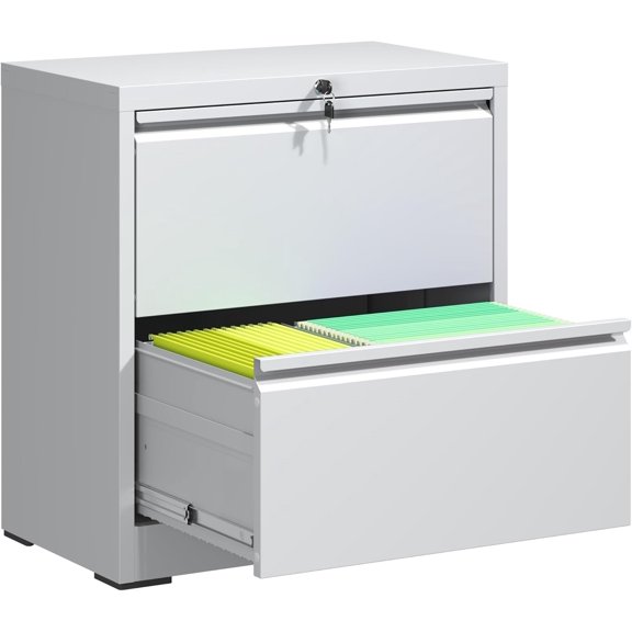 2 Drawer File Cabinet,Metal Lateral Filing Cabinet with Lock,Home Office Storage Organizer Cabinet for Legal/Letter/A4/F4 Size Files,26.8" W,White