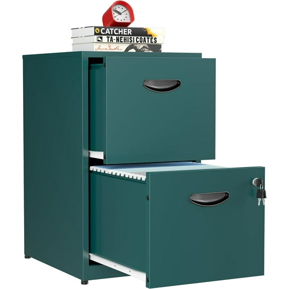 2 Drawer File Cabinet, Metal Two Drawer Vertical File Cabinets with Lock, 18" D Storage Filing Cabinet for Home Office, Steel Light Duty Storage for Letter-Size Files, Green, Assembly Required
