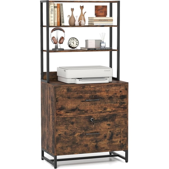2 Drawer File Cabinet with Open Shelves, Letter Size Large Modern Filing Printer Stand with Lock, Anti-tip Devices & Heavy-Duty Metal Frame, Home Office Storage Cabinet Fits Letter