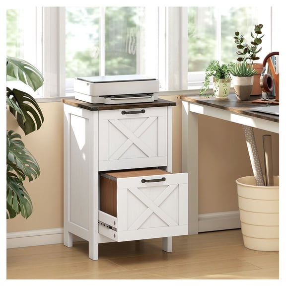 2-Drawer File Cabinet, Rustic Farmhouse Office Storage Cabinet, Distressed White A4/Letter Size
